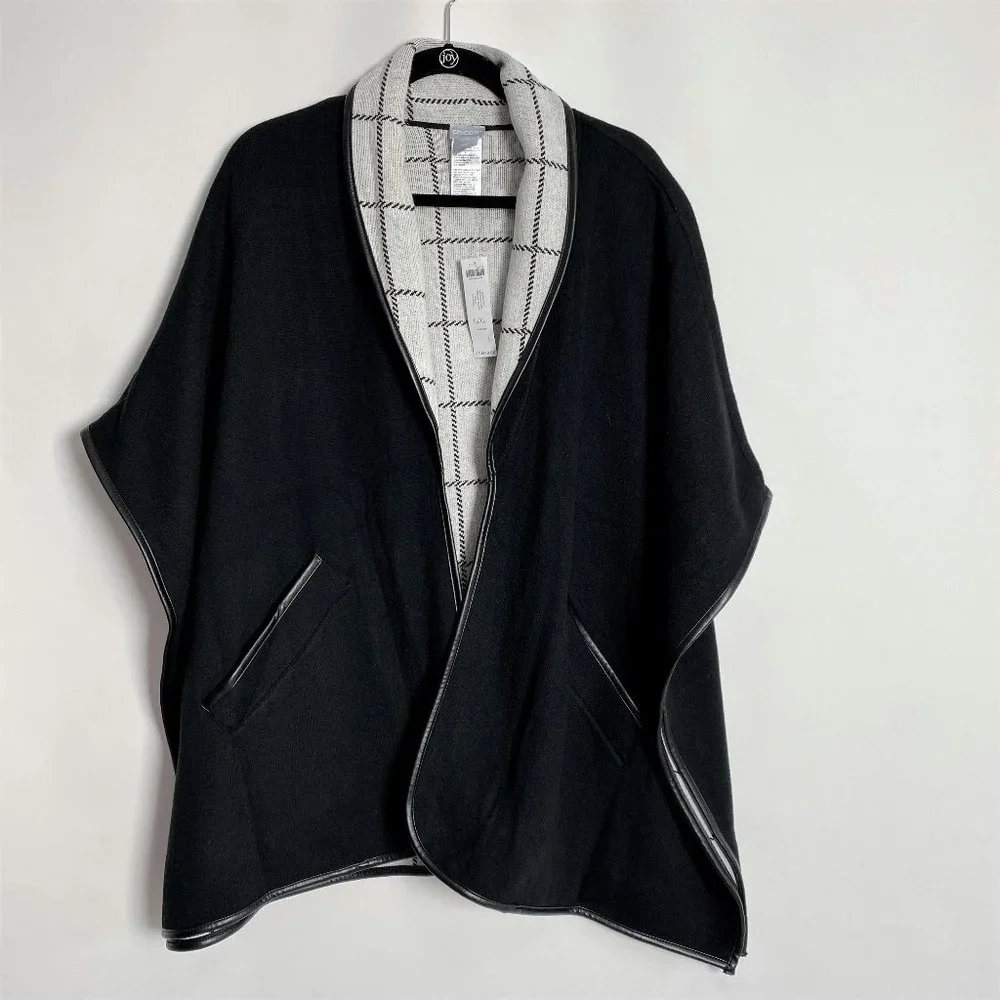 NWT CHICO'S BLACK WHITE DOUBLE KNIT SWEATER RUANA WRAP JACKET S/M L/XL - Picture 3 of 5